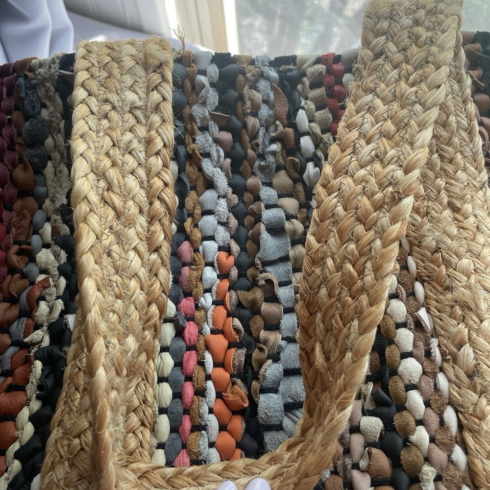 Jute Leather Large Colorful Woven Tote Shoulder Carry Bag Purse Beach Summer - Picture 6 of 10